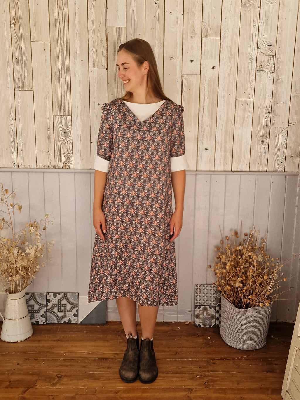 Martha V Neck Dress in Iris Print